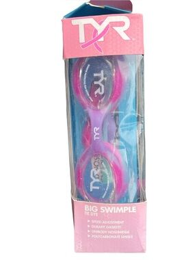 🌻NEW TYR Big Swimple Kids Swim Goggles Pink Blue Tie Dye Anti Fog UV Open Box